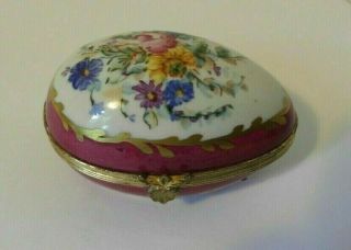Vintage Limoges Hand Painted With Flowers Trinket Box Egg Shape.
