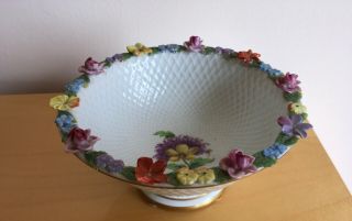 Vintage Meissen Dresden Porcelain Raised Flowers Lattice Bowl