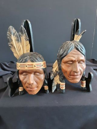 Vintage Hand Carved Wood Indian Head Wall Plaques