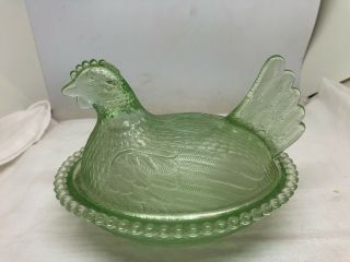 Vintage Indiana Pastel Green Glass Chicken Hen On Nest Covered Dish
