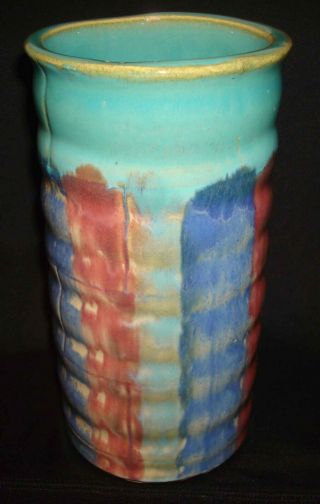 Vintage 1920s Hull Pottery Early Art 26 Multicolor Stoneware Cylinder Rings Vase 2