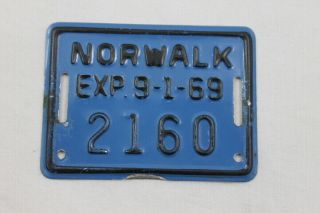 Vintage 1969 Norwalk Bicycle License Plate Tag Bike Blue Exp 9 - 1 - 69