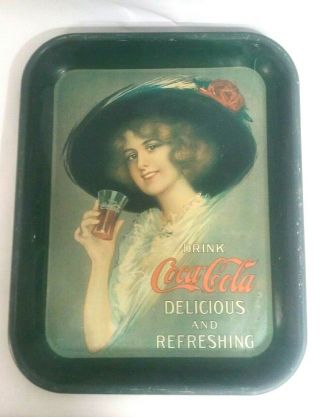 Drink Coca - Cola Delicious And Refreshing 1972 Vintage Metal Green Tray Hat Lady