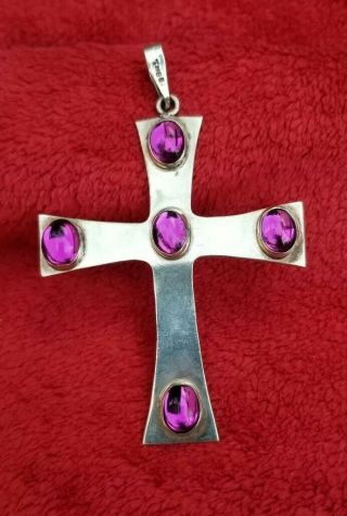 Vintage Mexican Sterling Silver 925 Amethyst Large Cross Pendant