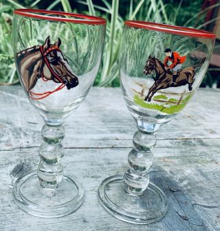 Vintage Equestrian Horse Jumping Glasses Wine Aperitif Port Set Of 2