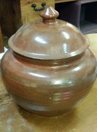 Vintage Handmade Clay Pottery Urn Jar W/ Lid Top Brown Glazed Signed Bassor