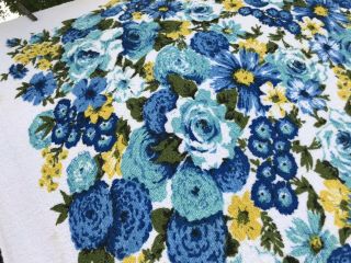 Vtg Tablecloth Terry Cloth Blue Floral Rose Yellow 44 " X 50 " Flaws
