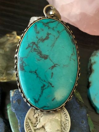 Vintage Large Native American Turquoise Sterling Silver Oval Pendant 14 G