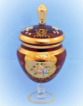 Vintage Art Glass Murano Ruby Red Gold Floral Lidded Candy Dish Jar Vase
