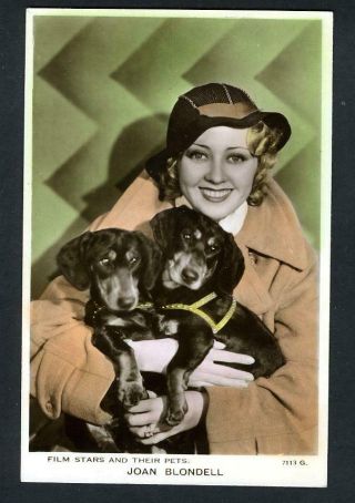 Vintage Joan Blondell With Her Pet Dogs Uk Coloured " Valentines Postcard 1930s