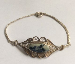 Antique vintage Dutch Delftware and filigree solid silver bracelet. 4