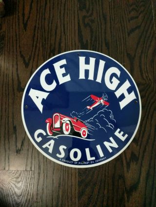 Vintage Ace High Gasoline Porcelain Enamel Sign 11 3/4 Gas Oil Pump Plate