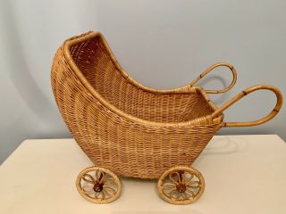 Vintage Natural Wicker Basket Hooded Doll Buggy Stroller Carriage Pram