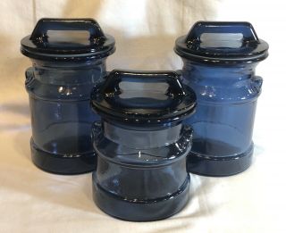3 Exc Vtg Cobalt Blue Glass Milk - Can Jug - Shaped Canisters Country Kitchen