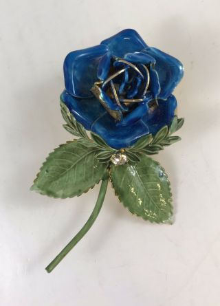 Signed Sandor Vintage Blue Rose Flower Brooch Pin Rhinestone Enamel Jewelry