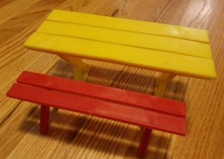 Barbie Size Picnic Table Yellow & Red Bench Vintage Great Cond Plastic 1960 
