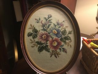 Vintage Needlepoint - Floral Design - Oval Picture/glass - Wood Frame - 14 3/4”h -