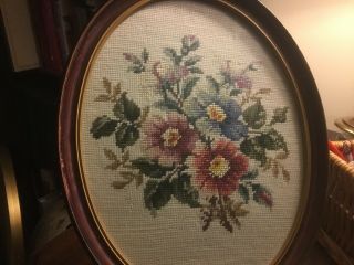 Vintage Needlepoint - Floral Design - Oval Picture/Glass - Wood Frame - 14 3/4”H - 2