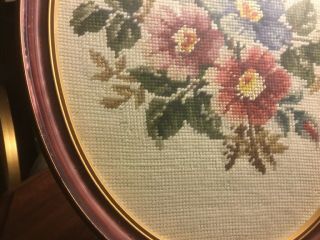Vintage Needlepoint - Floral Design - Oval Picture/Glass - Wood Frame - 14 3/4”H - 3