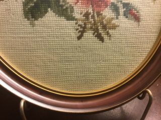 Vintage Needlepoint - Floral Design - Oval Picture/Glass - Wood Frame - 14 3/4”H - 4