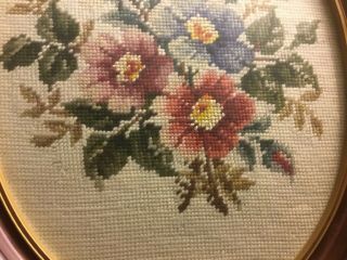 Vintage Needlepoint - Floral Design - Oval Picture/Glass - Wood Frame - 14 3/4”H - 5