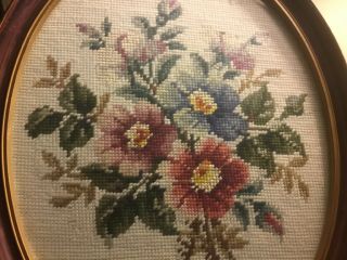 Vintage Needlepoint - Floral Design - Oval Picture/Glass - Wood Frame - 14 3/4”H - 6