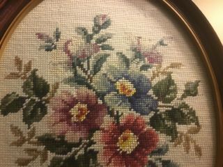Vintage Needlepoint - Floral Design - Oval Picture/Glass - Wood Frame - 14 3/4”H - 7