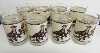 8 Vintage Libbey Partridge Brown Bird 5 Oz Juice Glasses Crackle Design