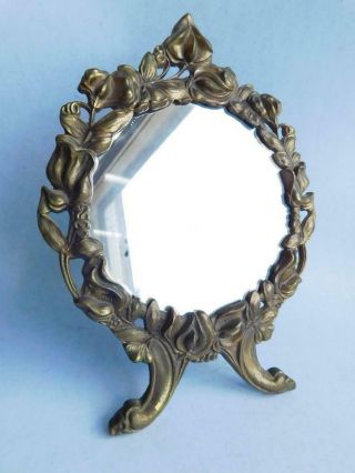 Vintage Brass Round Vanity Table Mirror On Stand Detailed Floral Theme
