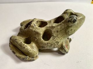 Vintage Lead Figural Flower Frog 8 Hole Green Paint 3” Frog Shaped 2