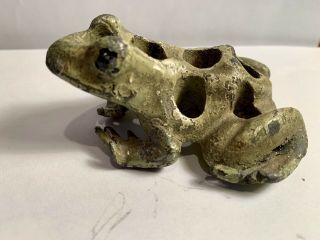 Vintage Lead Figural Flower Frog 8 Hole Green Paint 3” Frog Shaped 3