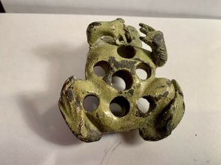 Vintage Lead Figural Flower Frog 8 Hole Green Paint 3” Frog Shaped 8