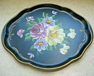 Tole Toleware Metal Vintage Tray Hand Painted Roses On Black 17 " X 14” Usa