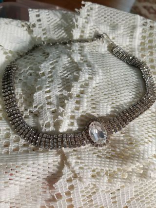 Vintage 14 " Diamond - Like Choker Necklace With Bigger Center Stone Silvertone