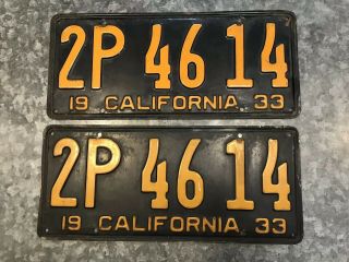 Vintage 1933 California License Plate Matching Number Set Pair