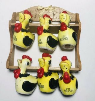 Vintage Hanging Spice Rack Set 6 Ceramic Shakers Hens Chickens Made In Japan