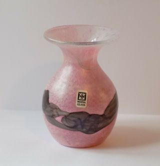 Vintage Mdina Art Glass Vase.  Pink & Smokey Pewter Colours.  Bulbous,  Flared Top