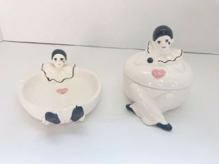 Vtg Set Ceramic Soap Dish/trinket Box Harlequin Pierrot Clown Bathroom Decor