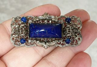 Vintage Signed Czech Jewellery Lapis Lazuli Cabochon Silver Filigree Brooch Pin