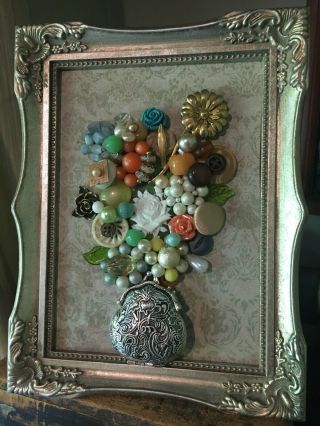Jewelry Art Framed 5x7 Floral Bouquet Vintage Brooches Earrings Wedding