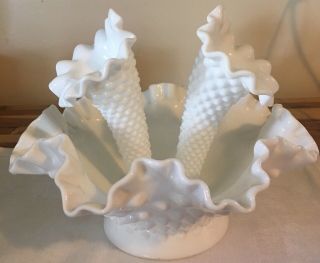 Vintage Hobnail White Milk Glass 3 Horn Epergene Vase Centerpiece Trumpet Fenton