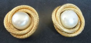 Vintage Chanel Faux Pearl & Braided Gold Clip - On Earrings France