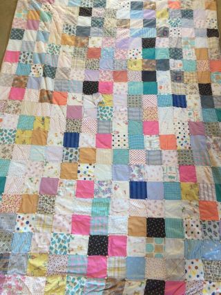 Colorful Vintage Quilt Patchwork Cotton Prints - Quilt 64 " X 86 " Tied Pinks Blues