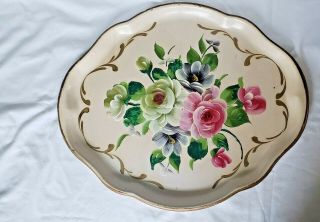 Vintage Hand Painted Tole Metal Cream & Gold Metal Fruit Tray