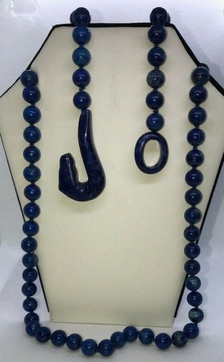 Gorgeous Vintage 32” Polished Lapis Lazuli Single Strand Beaded Knotted Necklace
