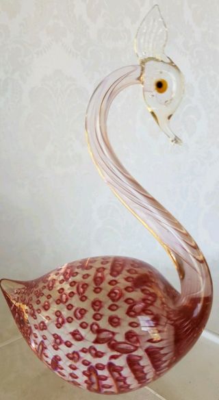 Gorgeous Vintage Murano Art Glass Swan Pink Controlled Bubbles W/orig.  Sticker