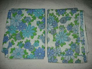 2 Vintage Bed Sheets - Flats - Twin Size - Blue & Green Flowers Jp Stevens Utica