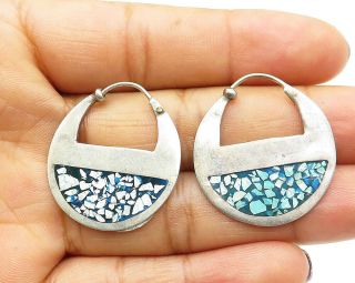 Icp Mexico 925 Silver - Vintage Crushed Turquoise Inlay Hoop Earrings - E5919