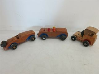 3 Vintage Wooden Tug Toy Cars And Figures