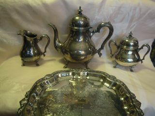 Vintage International Silver Tea Set Creamer Sugar Pot King George,  Tray Rogers 3